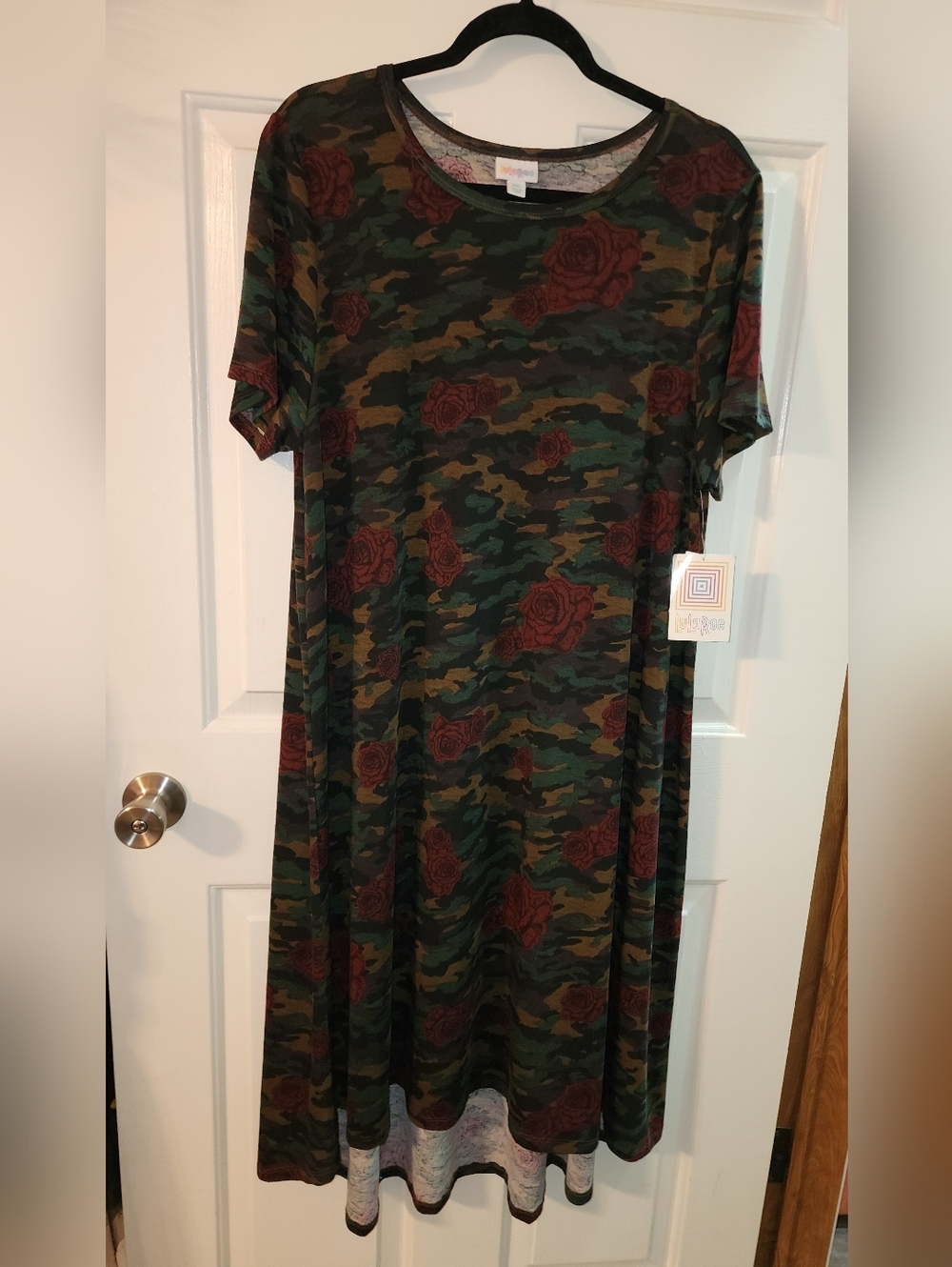 LuLaRoe Green Camouflage Dress with Red Rose Print